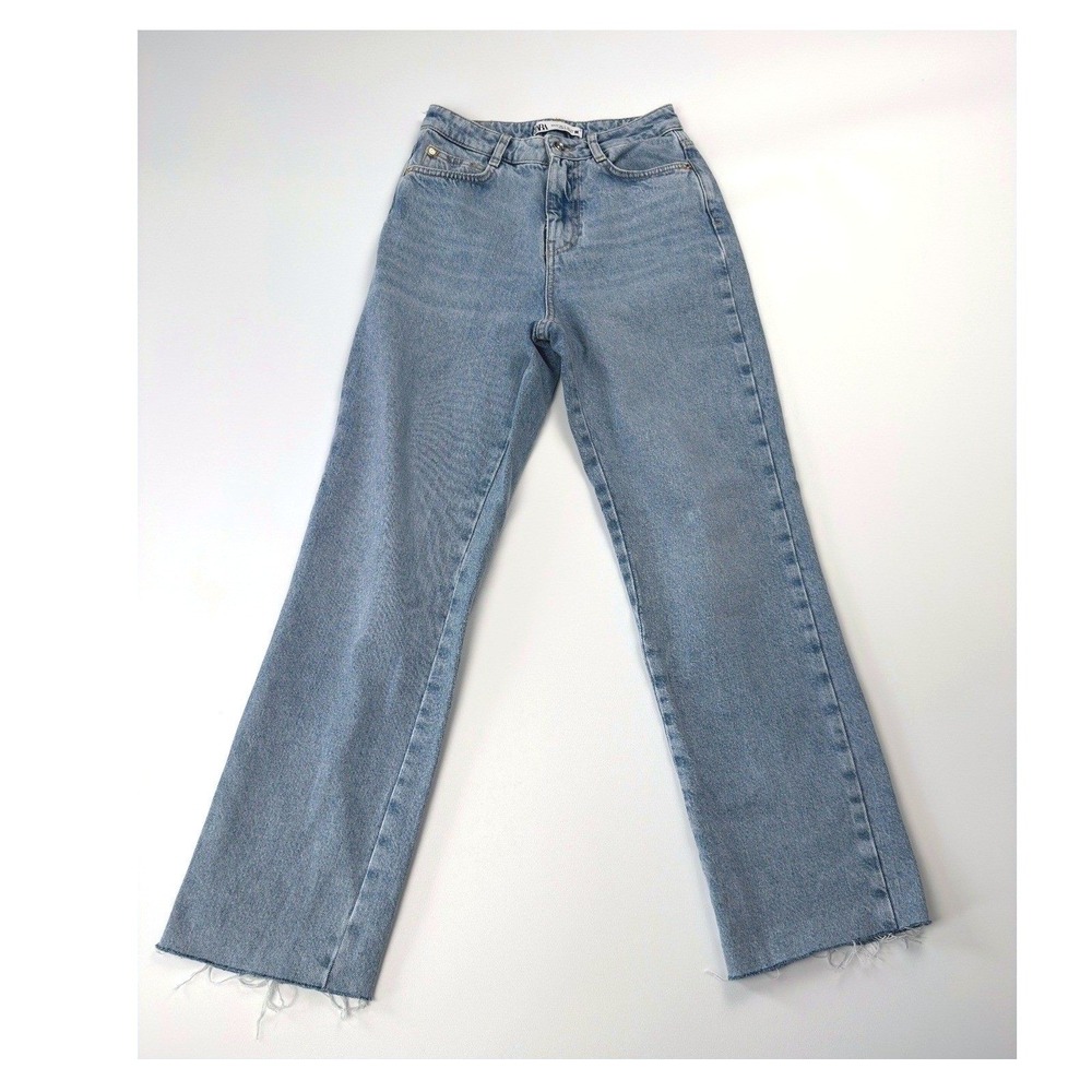 Zara Straight Leg Jeans Womens 2 Light Wash High Rise Raw Hem Denim